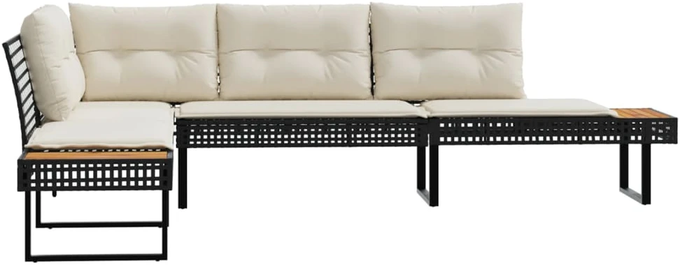 Sodo sofa su pagalvėlėmis, juoda, poliratanas/akacija, L formos