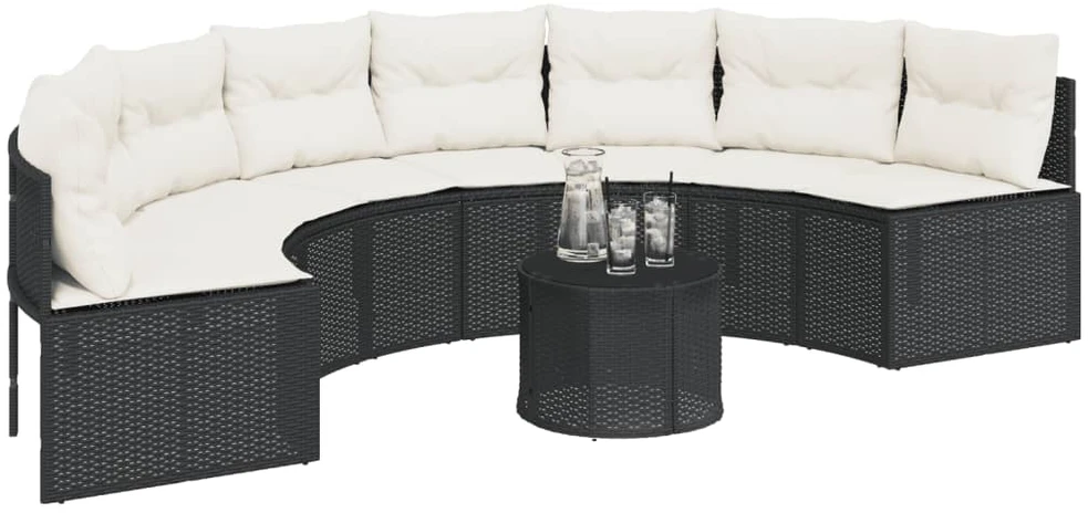 Sodo sofa su pagalvėlėmis, juoda, poliratanas, pusapvalė