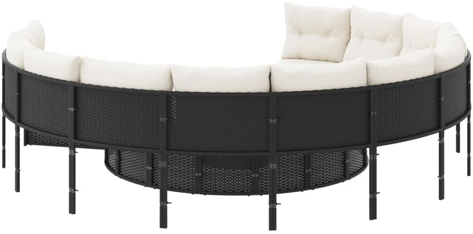 Sodo sofa su pagalvėlėmis, juodos spalvos, poliratanas, apvali