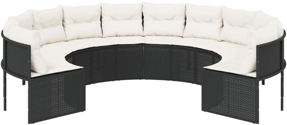Sodo sofa su pagalvėlėmis, juodos spalvos, poliratanas, apvali