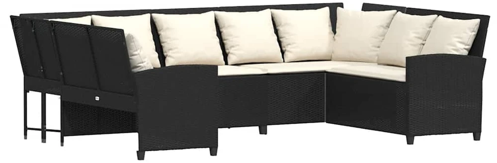 Sodo sofa su pagalvėlėmis, juodos spalvos, poliratanas