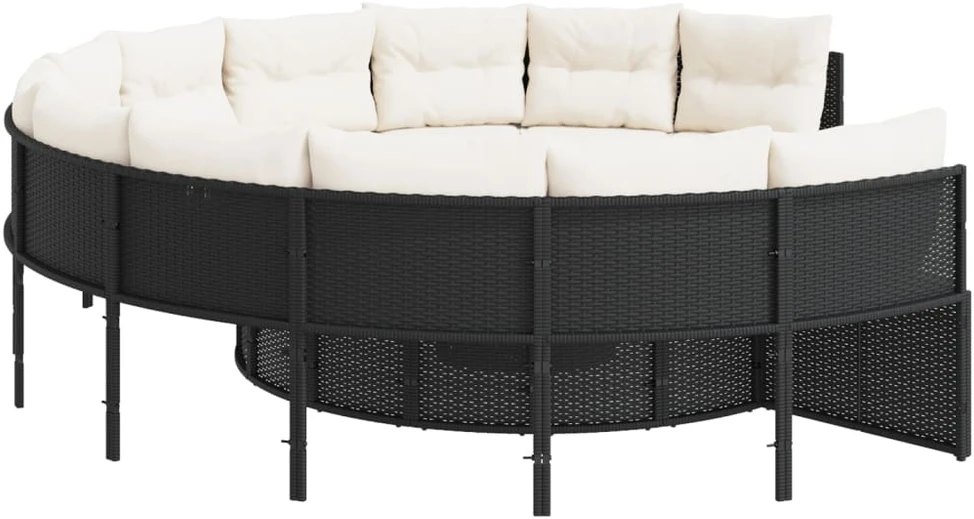 Sodo sofa su pagalvėlėmis, juodos spalvos, poliratanas, apvali