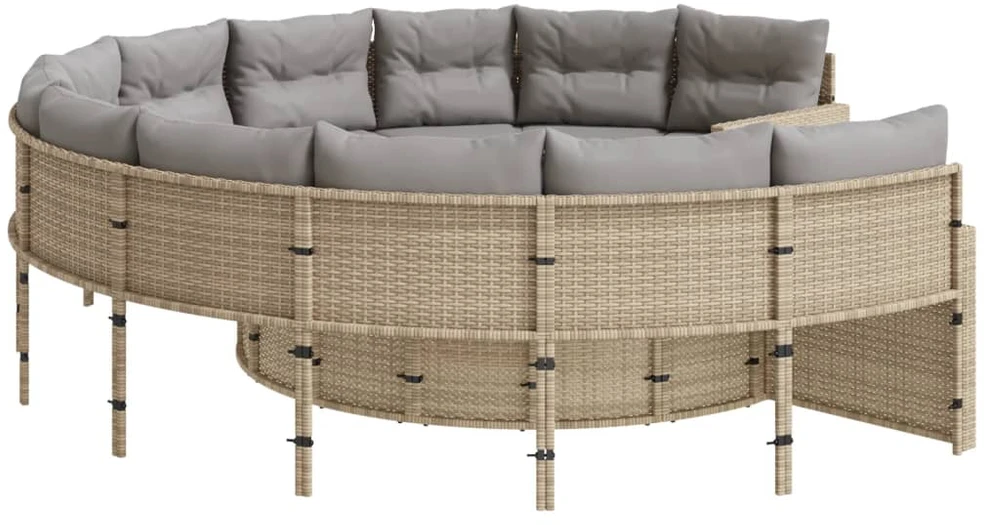 Sodo sofa su pagalvėlėmis, smėlio spalvos, poliratanas, apvali