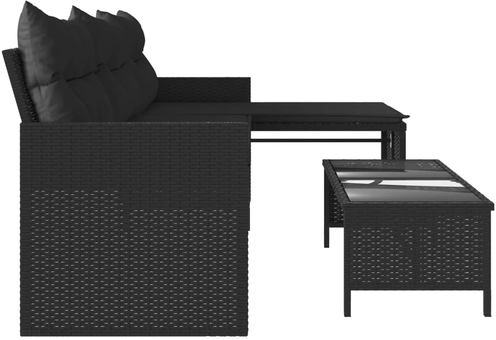 Sodo sofa su stalu/pagalvėlėmis, juoda, poliratanas, L formos