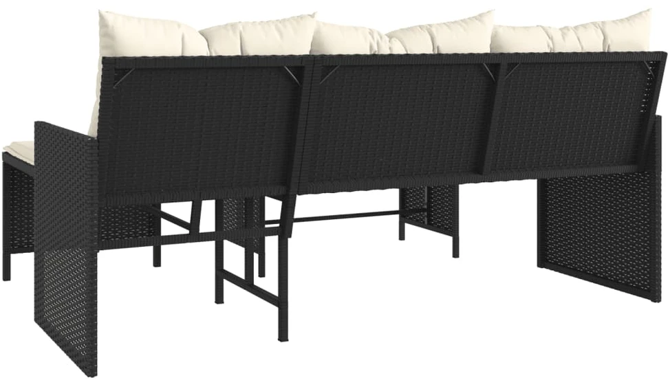 Sodo sofa su stalu/pagalvėlėmis, juoda, poliratanas, L formos