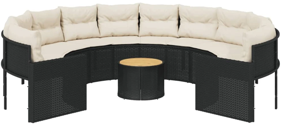 Sodo sofa su stalu/pagalvėlėmis, juoda, poliratanas, apvali