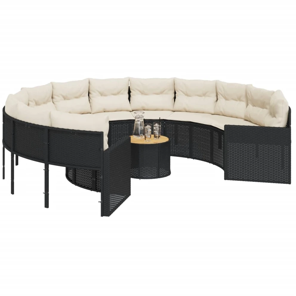 Sodo sofa su stalu/pagalvėlėmis, juoda, poliratanas, apvali