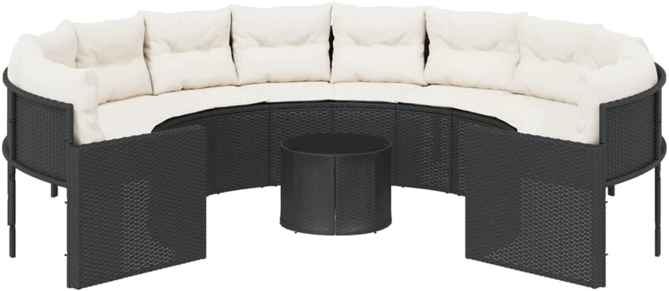 Sodo sofa su stalu/pagalvėlėmis, juoda, poliratanas, apvali