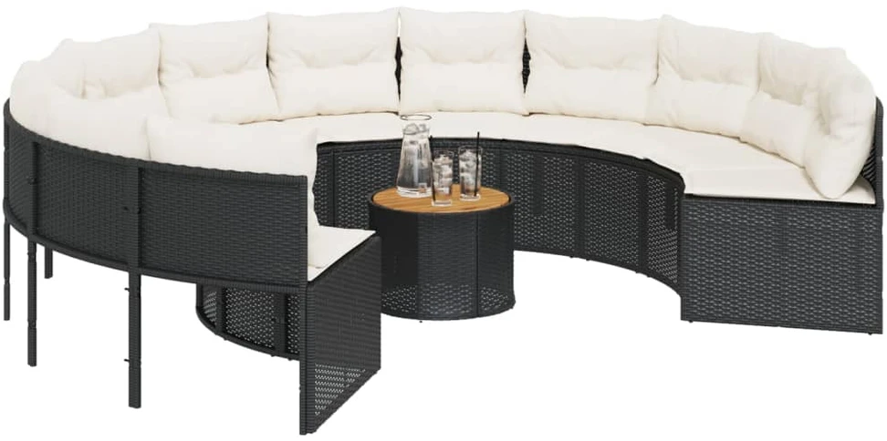 Sodo sofa su stalu/pagalvėlėmis, juoda, poliratanas, apvali