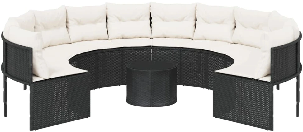 Sodo sofa su stalu/pagalvėlėmis, juoda, poliratanas, apvali