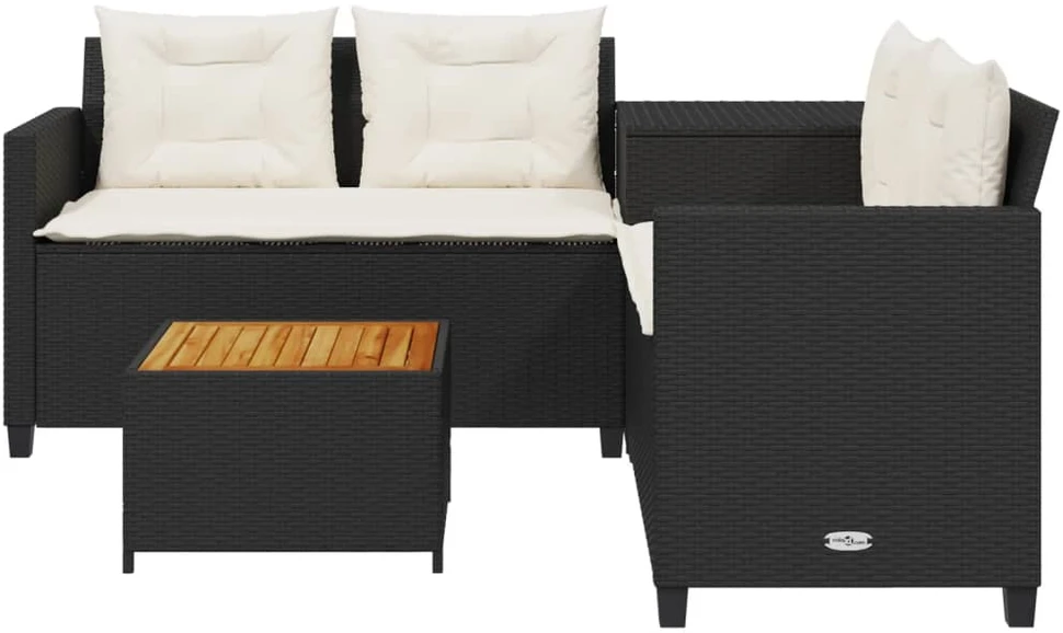 Sodo sofa su stalu/pagalvėlėmis, juoda, poliratanas, L formos