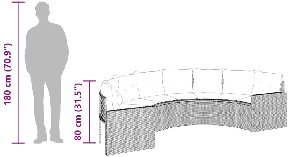 Sodo sofa su stalu/pagalvėlėmis, juoda, poliratanas, pusapvalė