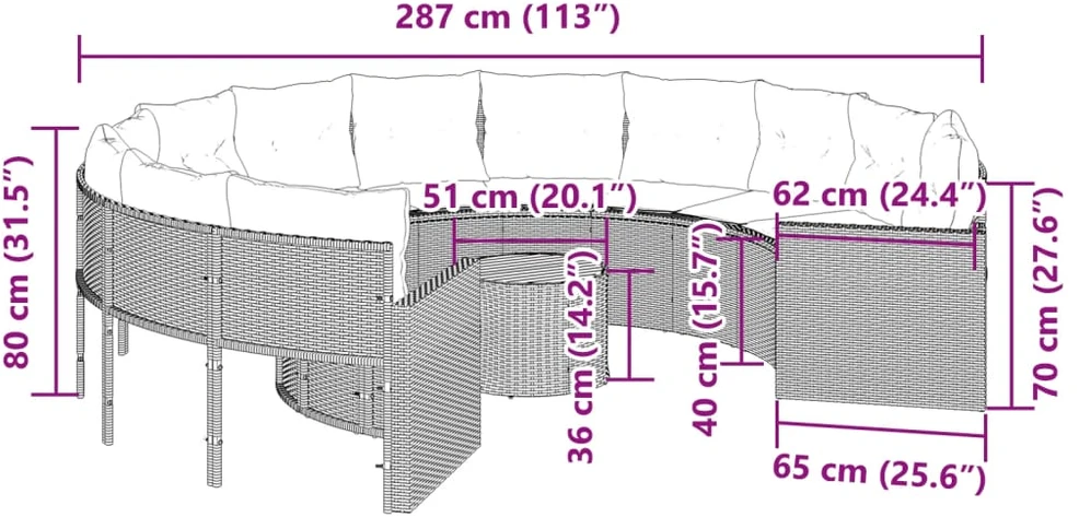 Sodo sofa su stalu/pagalvėlėmis, juoda, poliratanas, apvali
