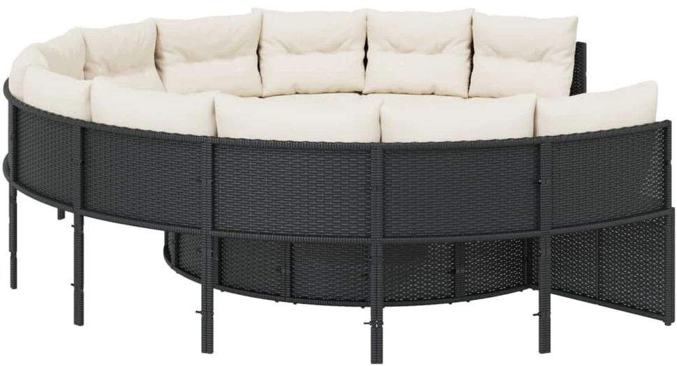 Sodo sofa su stalu/pagalvėlėmis, juoda, poliratanas, apvali