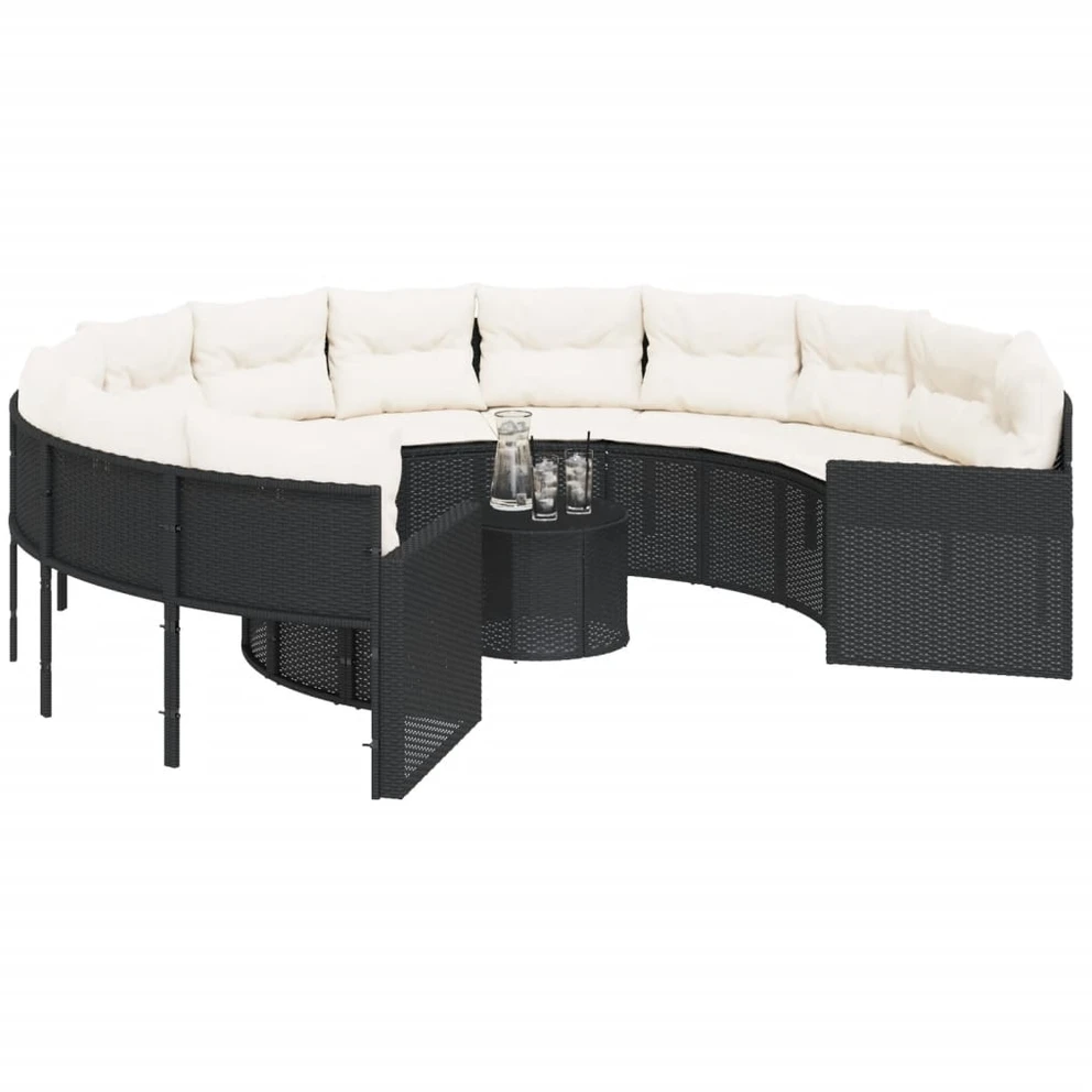 Sodo sofa su stalu/pagalvėlėmis, juoda, poliratanas, apvali