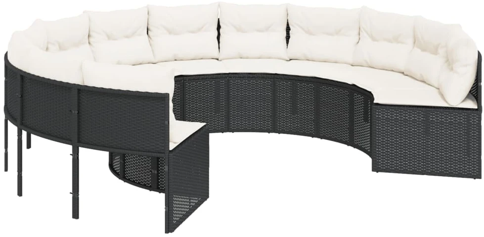 Sodo sofa su stalu/pagalvėlėmis, juoda, poliratanas, apvali