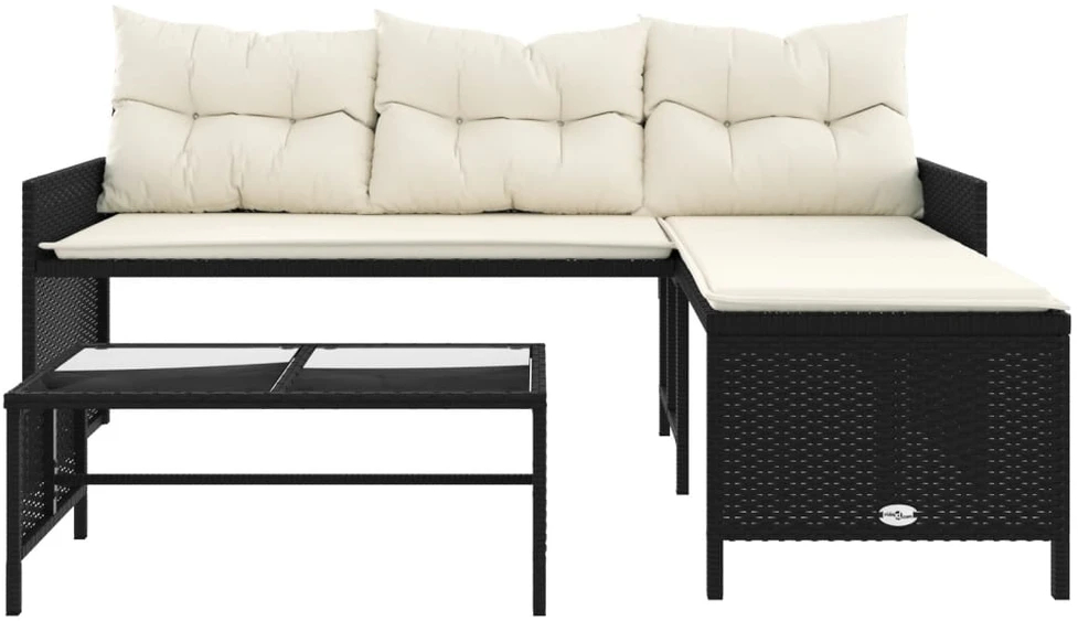 Sodo sofa su stalu/pagalvėlėmis, juoda, poliratanas, L formos