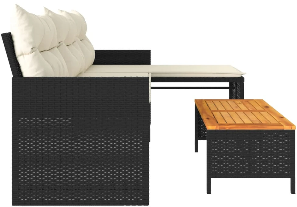 Sodo sofa su stalu/pagalvėlėmis, juoda, poliratanas, L formos