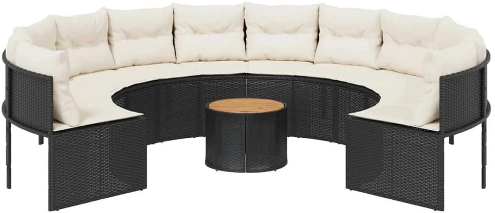 Sodo sofa su stalu/pagalvėlėmis, juoda, poliratanas, apvali