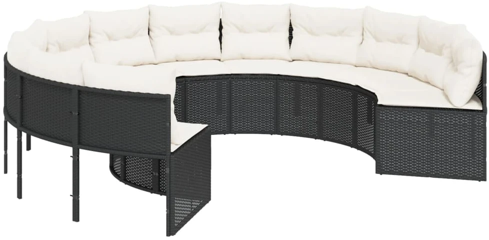 Sodo sofa su stalu/pagalvėlėmis, juoda, poliratanas, apvali