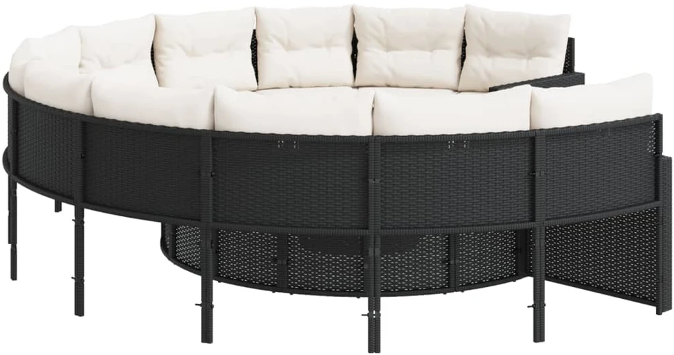 Sodo sofa su stalu/pagalvėlėmis, juoda, poliratanas, apvali
