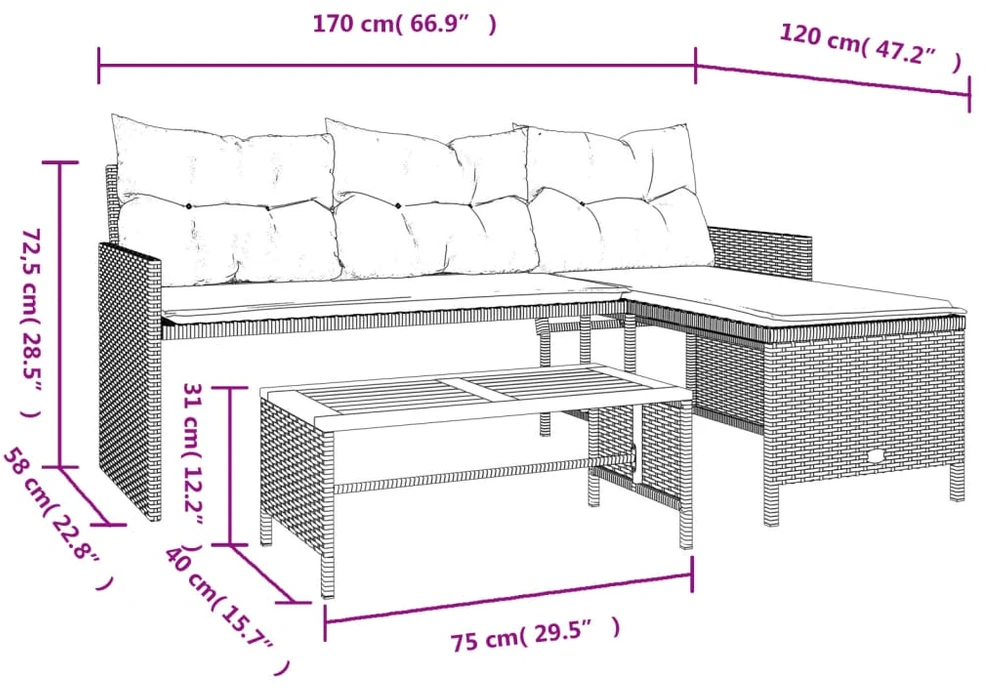 Sodo sofa su stalu/pagalvėlėmis, juoda, poliratanas, L formos