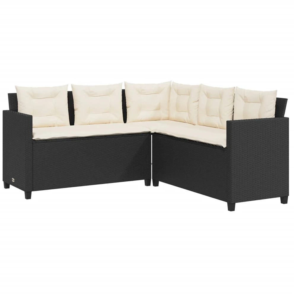 Sodo sofa su stalu/pagalvėlėmis, juoda, poliratanas, L formos