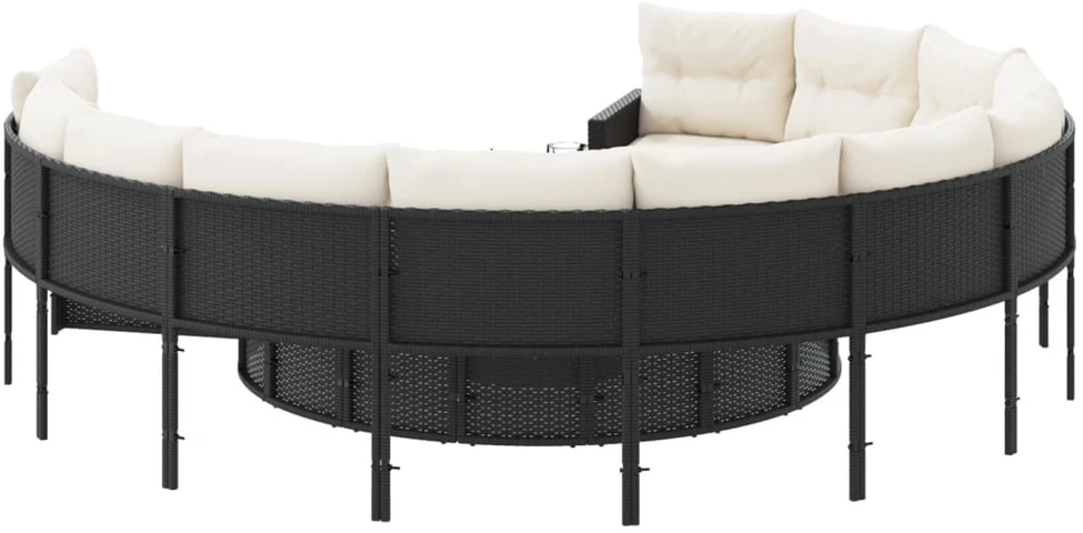 Sodo sofa su stalu/pagalvėlėmis, juoda, poliratanas, apvali