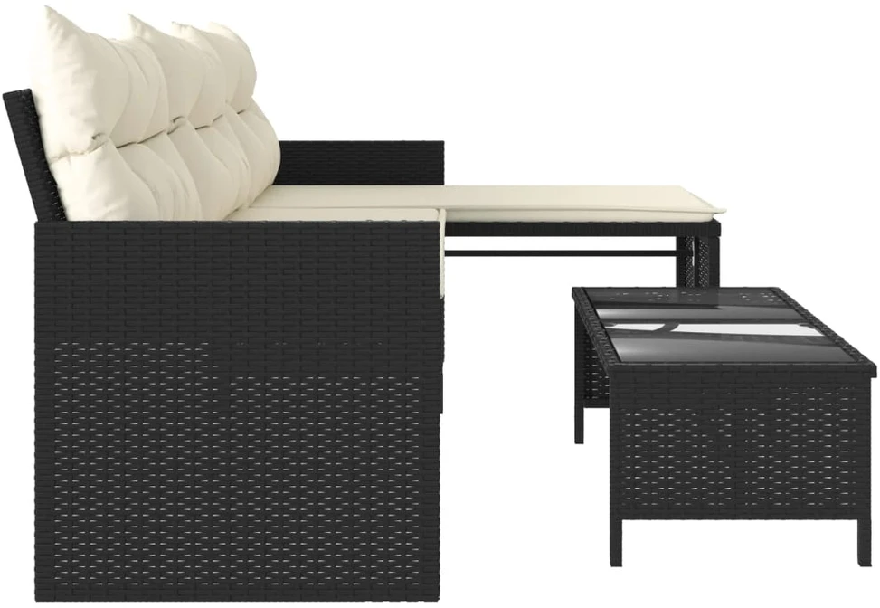 Sodo sofa su stalu/pagalvėlėmis, juoda, poliratanas, L formos