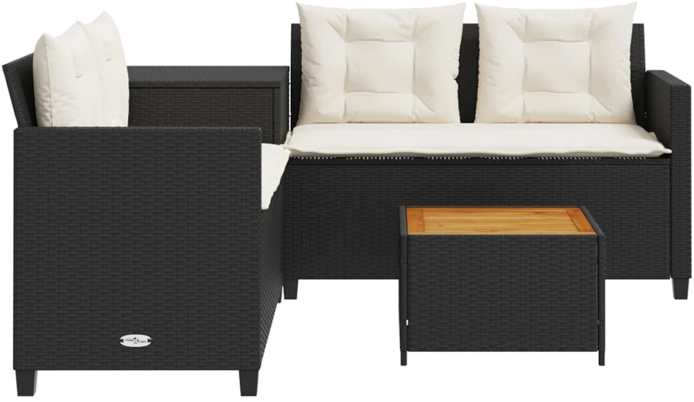 Sodo sofa su stalu/pagalvėlėmis, juoda, poliratanas, L formos