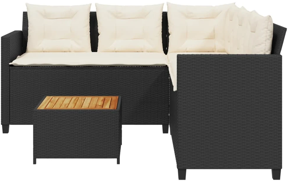 Sodo sofa su stalu/pagalvėlėmis, juoda, poliratanas, L formos