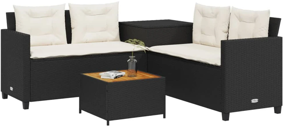 Sodo sofa su stalu/pagalvėlėmis, juoda, poliratanas, L formos