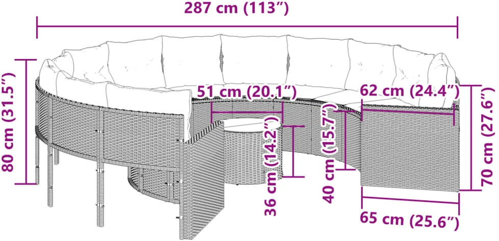 Sodo sofa su stalu/pagalvėlėmis, juoda, poliratanas, apvali