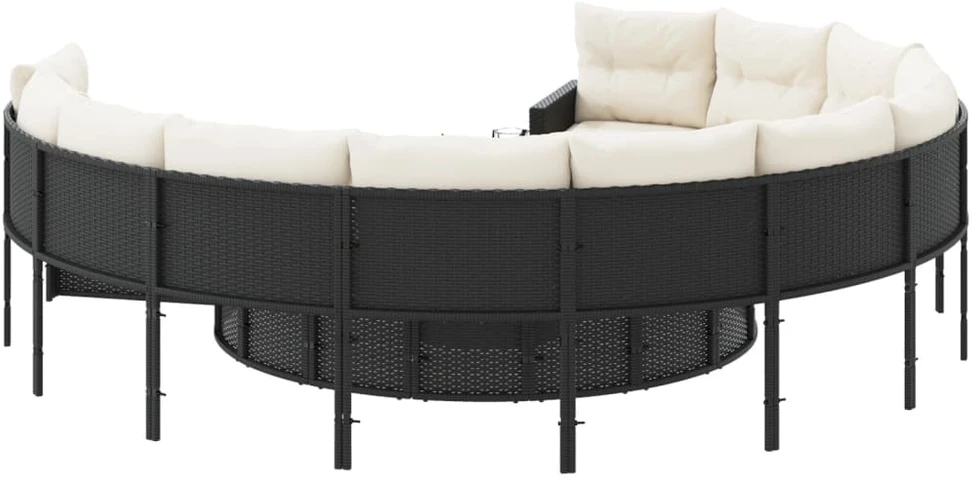 Sodo sofa su stalu/pagalvėlėmis, juoda, poliratanas, apvali