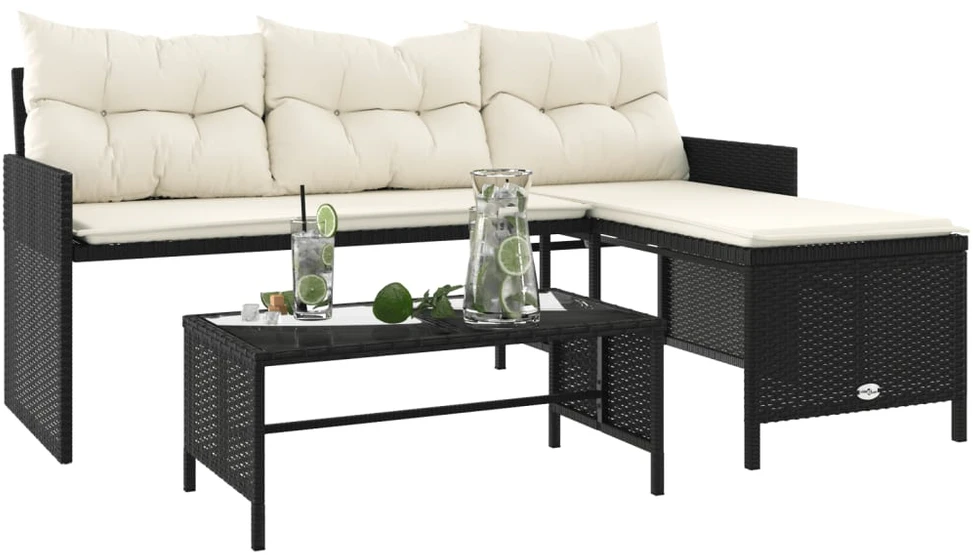 Sodo sofa su stalu/pagalvėlėmis, juoda, poliratanas, L formos