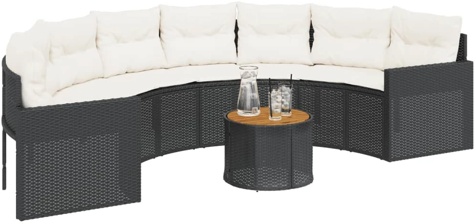 Sodo sofa su stalu/pagalvėlėmis, juoda, poliratanas, pusapvalė