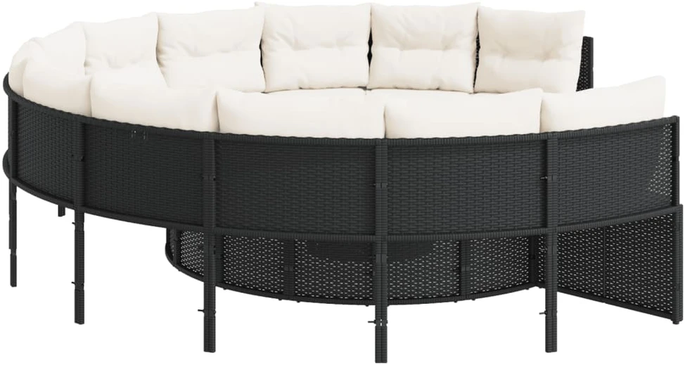 Sodo sofa su stalu/pagalvėlėmis, juoda, poliratanas, apvali