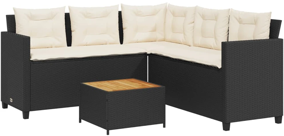 Sodo sofa su stalu/pagalvėlėmis, juoda, poliratanas, L formos