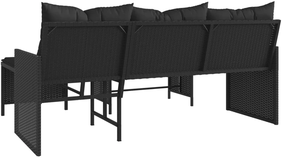 Sodo sofa su stalu/pagalvėlėmis, juoda, poliratanas, L formos