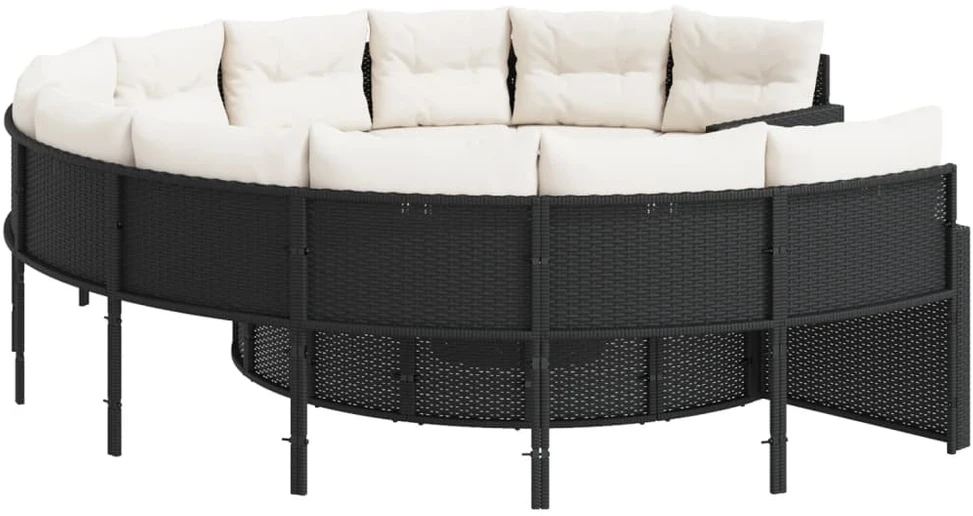Sodo sofa su stalu/pagalvėlėmis, juoda, poliratanas, apvali
