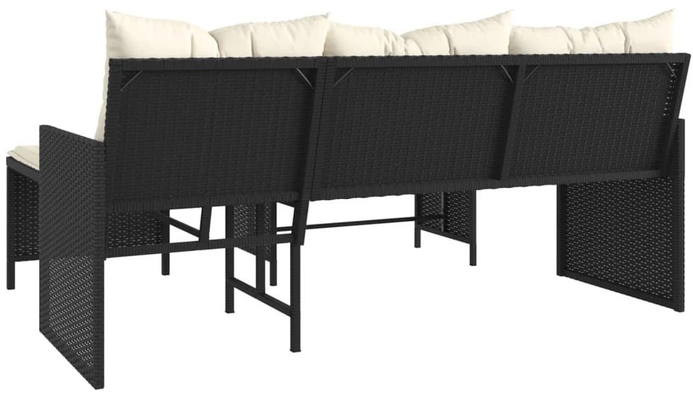 Sodo sofa su stalu/pagalvėlėmis, juoda, poliratanas, L formos