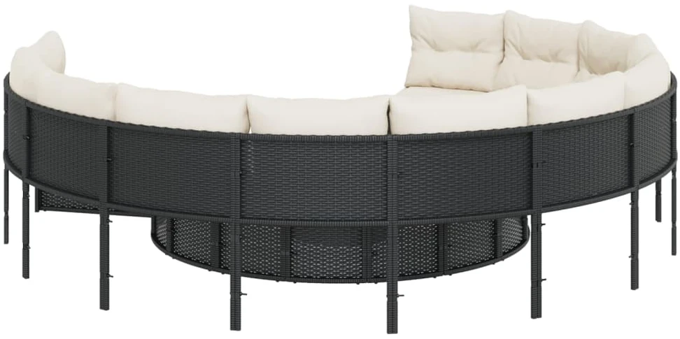 Sodo sofa su stalu/pagalvėlėmis, juoda, poliratanas, apvali