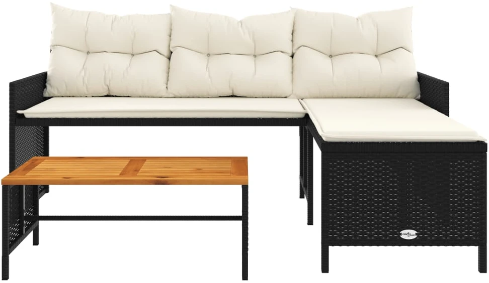 Sodo sofa su stalu/pagalvėlėmis, juoda, poliratanas, L formos