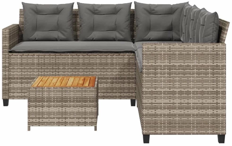 Sodo sofa su stalu/pagalvėlėmis, pilka, poliratanas, L formos