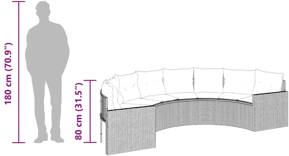 Sodo sofa su stalu/pagalvėlėmis, pilka, poliratanas, pusapvalis