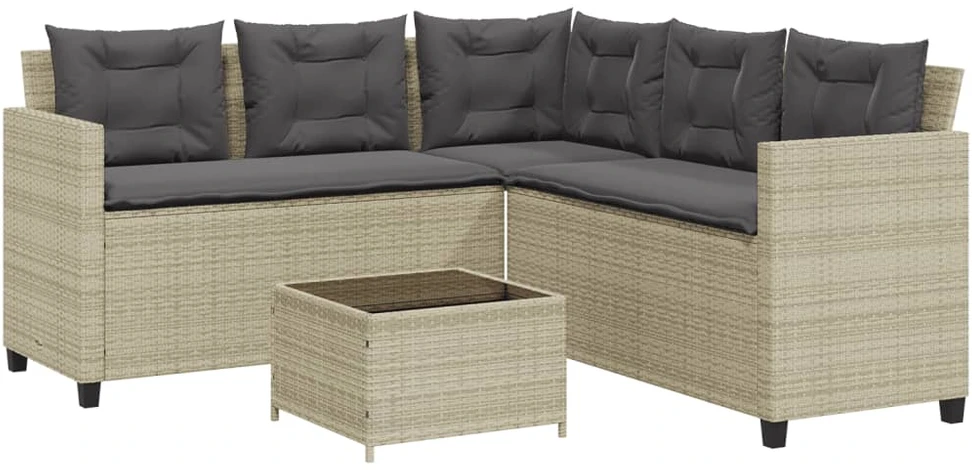 Sodo sofa su stalu/pagalvėlėmis, pilka, poliratanas, L formos