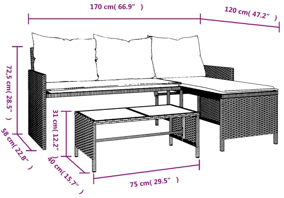 Sodo sofa su stalu/pagalvėlėmis, ruda, poliratanas, L formos