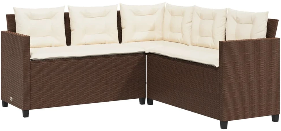 Sodo sofa su stalu/pagalvėlėmis, ruda, poliratanas, L formos