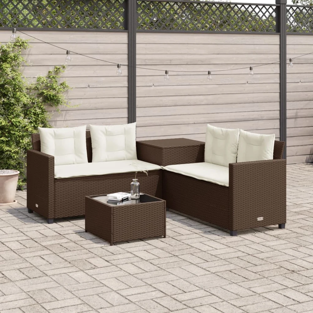 Sodo sofa su stalu/pagalvėlėmis, ruda, poliratanas, L formos