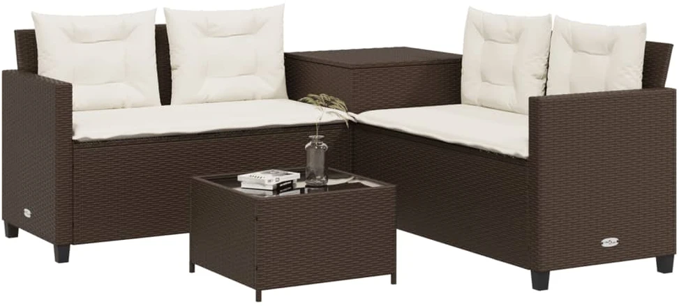Sodo sofa su stalu/pagalvėlėmis, ruda, poliratanas, L formos